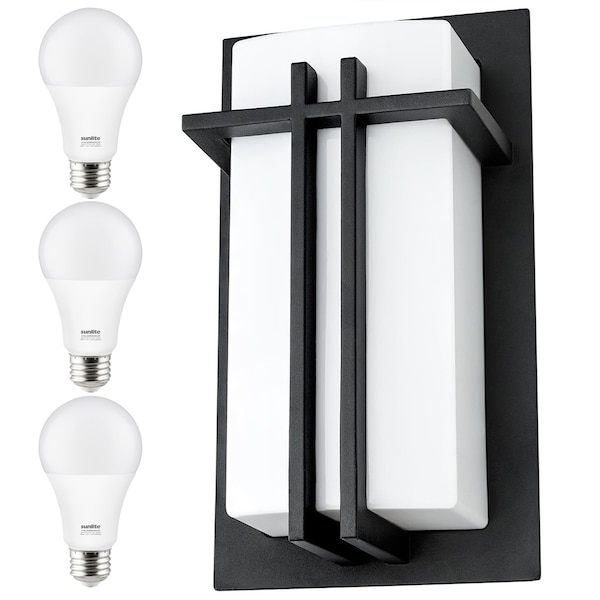 Sunlite Square Wall Sconce Lght, E26, 9W LED 60W Equiv 3000K A19 Bulb, Indoor, Opal Shade, Matte Blk, 3PK 40805-NS - main
